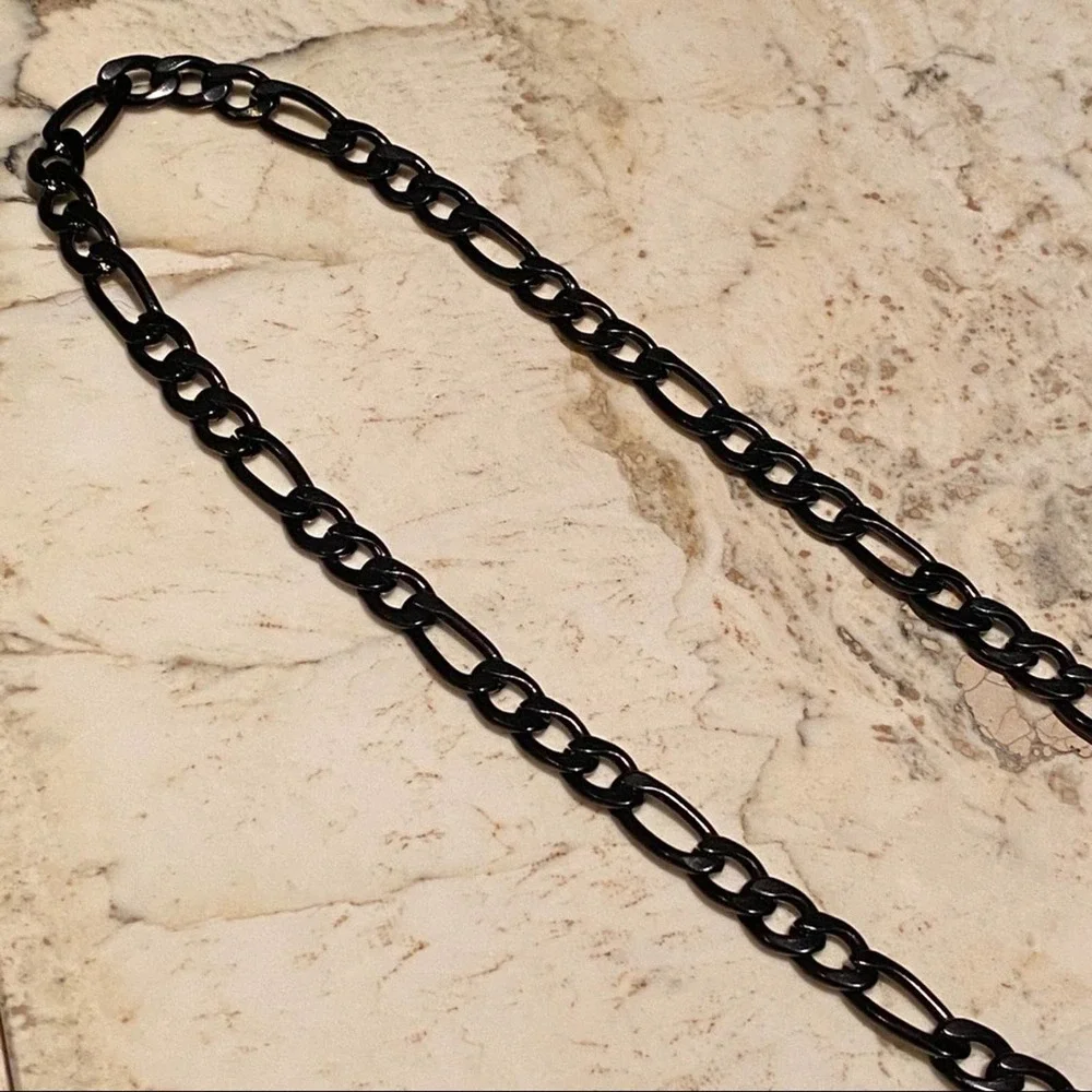 Men's Black Enamel Figaro Necklace Stainless Steel Chain! NEW 24